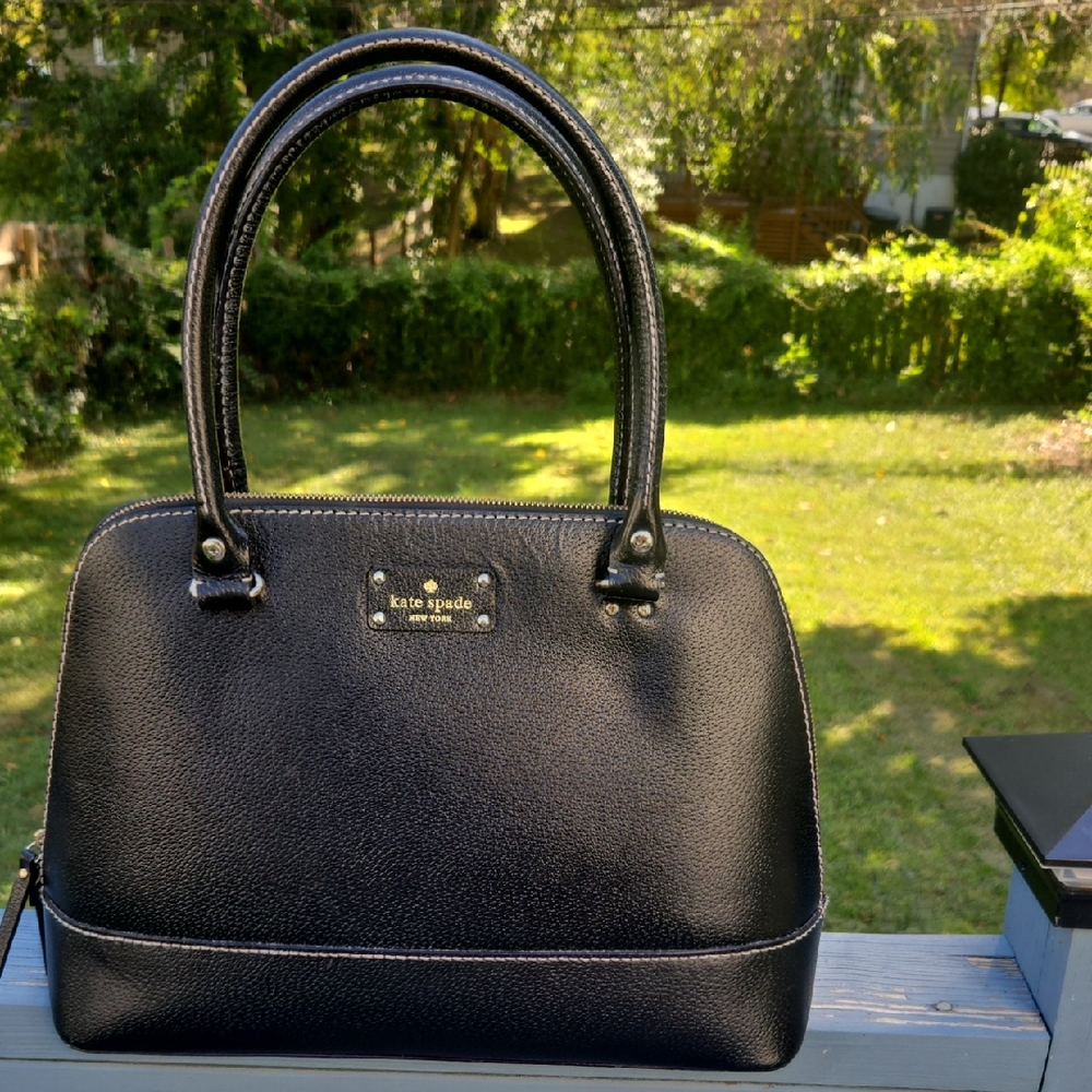 kate spade black leather dome satchel with gold-tone plaque